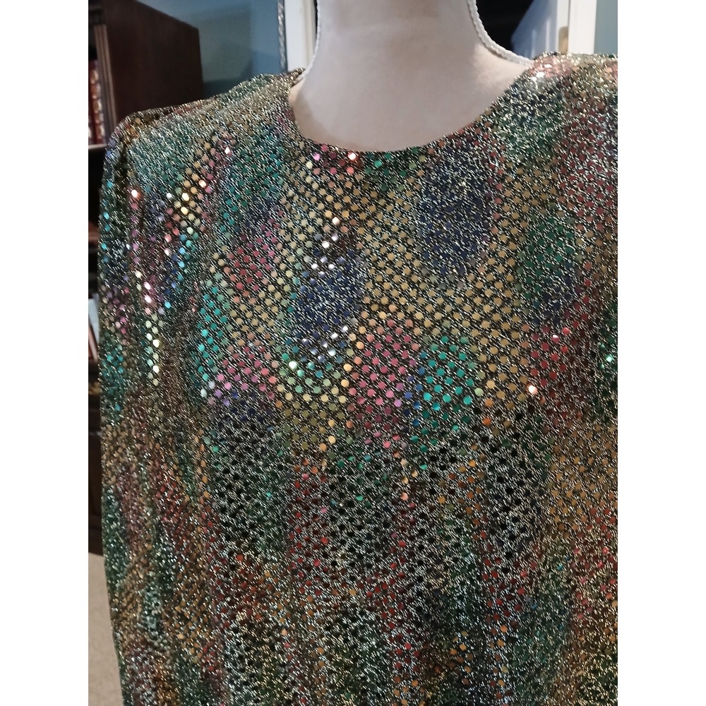 Vtg Another Thyme Medium Metallic Sequin Blouse Gold Multicolor Side Tie - READ - Picture 2 of 11